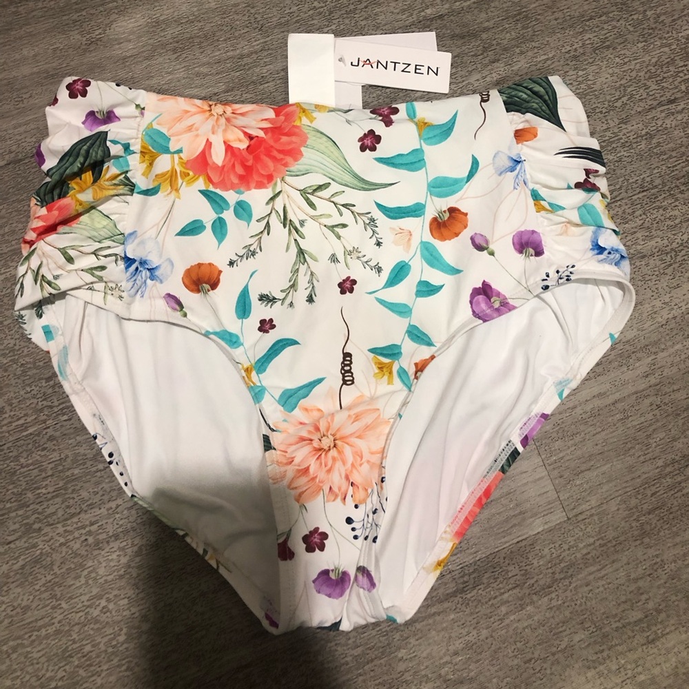 New Jantzen White Floral High-Waist Bikini Bottoms Sz 12